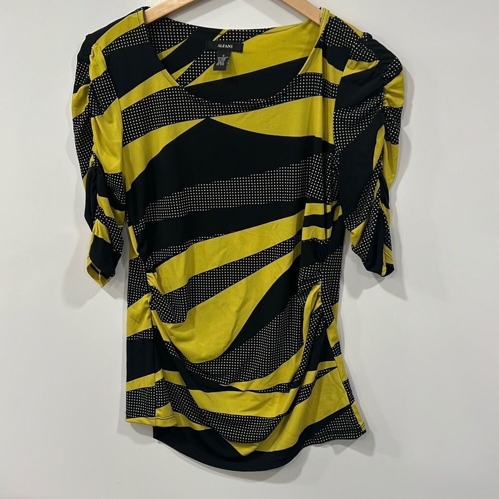 Alfani‎ Black Yellow Stripe Print Top Small